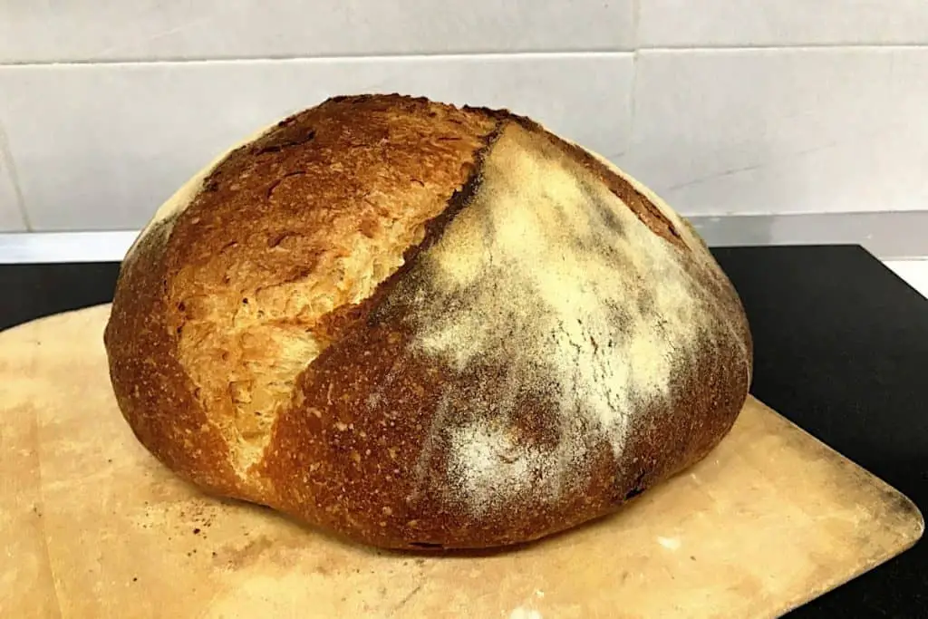 Big rustic brown loaf of bread with flour on top