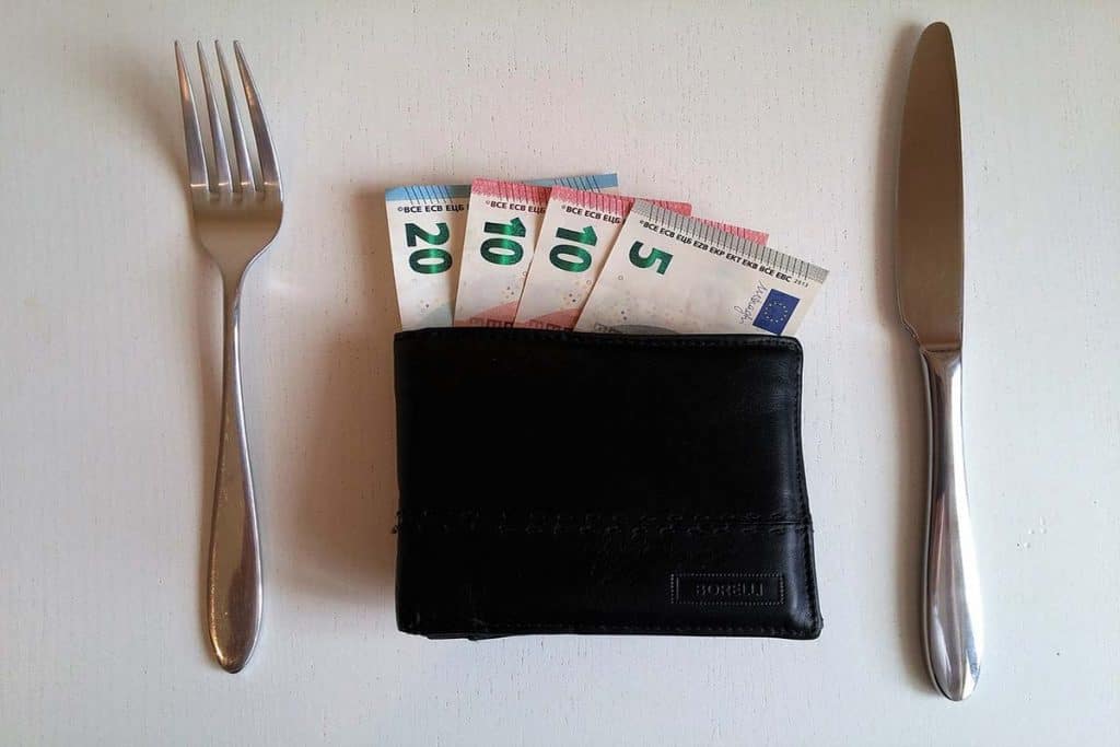 Wallet with euro banknotes inside and cutlery