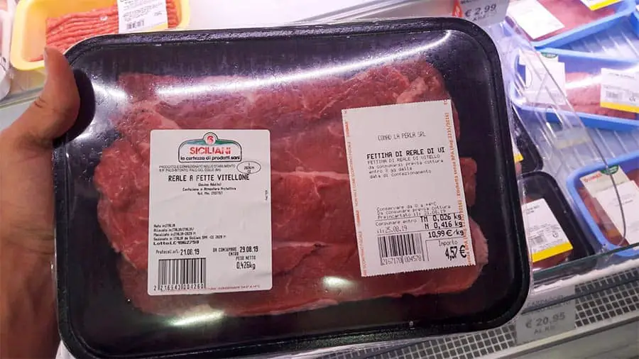 Packaged red veal with plastic and labels