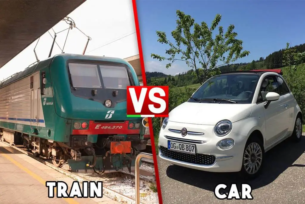 Comparison between a green train on the left and a white small car on the right