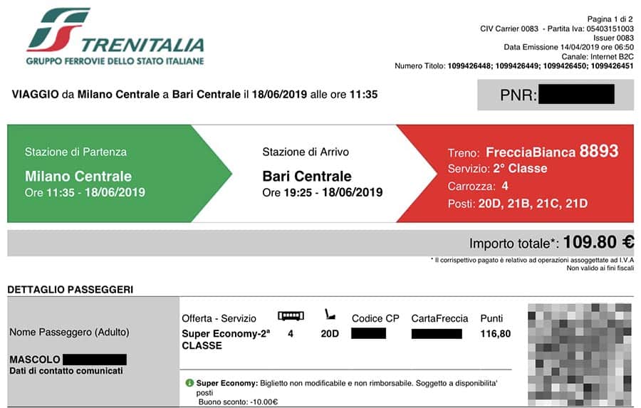 Italian train ticket document receipt